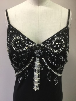 Womens, Evening Gown, ASPEED, Black, White, Polyester, Rayon, W30, B36, H38, Beaded Spaghetti Straps, Bias Cut, Beaded with Seed Beads, Small Bugle Beads, and White Shells, Side Zipper, Tassel at Bust