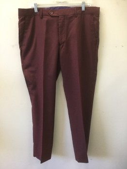 BRAVEMAN, Red Burgundy, Polyester, Rayon, Solid, Flat Front, Button Tab Waist, Zip Fly, Straight Leg