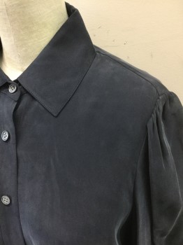FRAME, Charcoal Gray, Silk, Solid, Long Sleeve Button Front, Collar Attached, Puff Sleeves