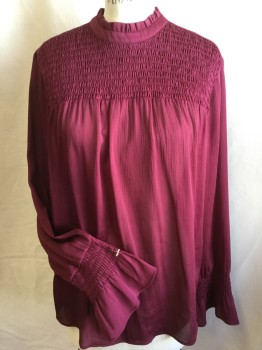 ANN TAYLOR, Maroon Red, Polyester, Solid, Sheer, Crew Neck with Small Ruffle, Smocking Yoke Front, Key Hole Back with 1 Button, Long Sleeves with Smocking & Ruffle Hem
