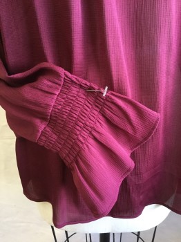 ANN TAYLOR, Maroon Red, Polyester, Solid, Sheer, Crew Neck with Small Ruffle, Smocking Yoke Front, Key Hole Back with 1 Button, Long Sleeves with Smocking & Ruffle Hem