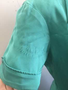 Womens, Nurses Dress, N/L MTO, Jade Green, Silk, Solid, W:28, B:36, Broadcloth, Short Sleeves, Shirtwaist, Pointy Collar Attached, Folded Sleeve Cuffs, Tiny Patch Pocket at Bust, Padded Shoulders, Pleats at Center Front Waist/Bust, Flared/Full Skirt, Knee Length, 2 Pockets at Hips, Made To Order, Bodice Flatlined in Muslin. Has Stress Marks at Front of Sleeve, See Detail Photo, Multiples,