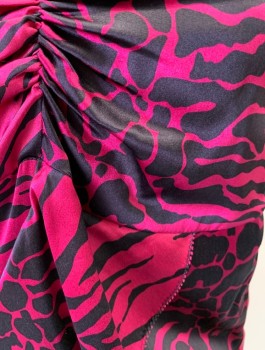 MARCIANO, Magenta Pink, Black, Silk, Spandex, Animal Print, Satin, Strapless Tube Top, Gathered at Center Front Bust, Empire Waist, Vertical Ruffle Cascading Down Center Front, Invisible Zipper at Side