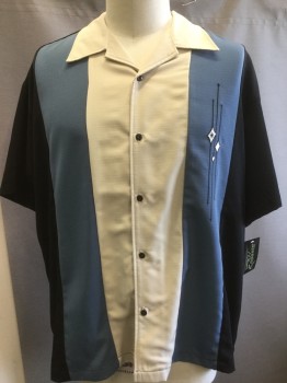 STEADY CLASSICS, Cream, Slate Blue, Black, Polyester, Solid, Stripes, Collar Attached, Short Sleeves, Button Front, Vert. Stripe Panels CF, Diamond Embroidery