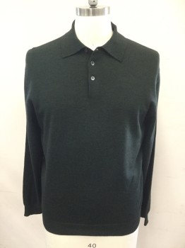 JOSEPH & LYMAN, Dk Green, Wool, Solid, Polo Style, Long Sleeves, Ribbed Knit Collar Attached/Cuff/Waistband, 3 Buttons