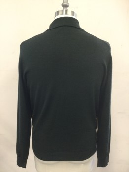 Mens, Pullover Sweater, JOSEPH & LYMAN, Dk Green, Wool, Solid, L, Polo Style, Long Sleeves, Ribbed Knit Collar Attached/Cuff/Waistband, 3 Buttons