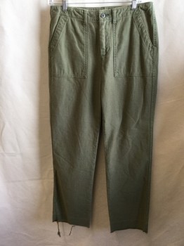 Womens, Casual Pants, LEVI'S, Olive Green, Cotton, Solid, 28, 1.5" Waistband with Belt Hoops, 4 Pockets Zip Front, Raw Hem