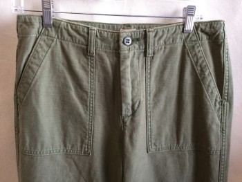 LEVI'S, Olive Green, Cotton, Solid, 1.5" Waistband with Belt Hoops, 4 Pockets Zip Front, Raw Hem