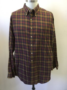 VIYELLA, Brown, Red, Black, Cotton, Wool, Plaid, Button Front, Collar Attached, Button Down Collar, 1 Pocket