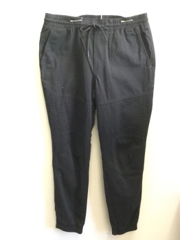 Mens, Casual Pants, AMERICAN RAG, Black, Cotton, Solid, M, Drawstring Elastic Waist, 4 Pockets, Quilted Thigh Panels, Elastic Smocked Cuff, Jogger