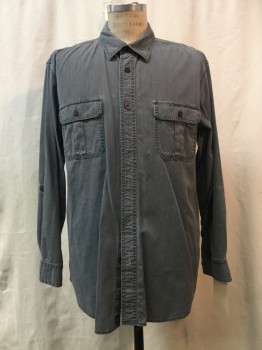 OUTDOOR LIFE, Gray, Cotton, Solid, Gray, Button Front, Collar Attached, Long Sleeves, 2 Pockets,