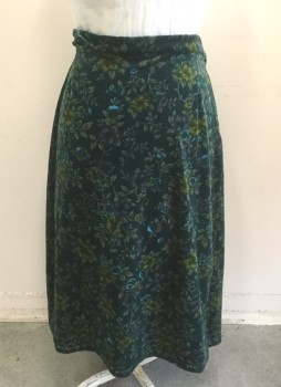 AVENUE, Forest Green, Green, Turquoise Blue, Gray, Polyester, Floral, Forest Green with Shades of Green, Turquoise and Gray Floral Pattern Velvet, Elastic Waist in Back, Side Zipper, Darts at Waist, Straight Fit