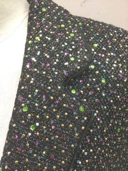 ST.JOHN, Black, Metallic, Gold, Lime Green, Fuchsia Pink, Wool, Rhinestones, Dots, Speckled, Evening Suit, Knit with Metallic Threads, Gold Studs and Lime/Fuchsia Rhinestones, 1 Button, Notched Lapel, Attached Modesty Panel, Padded Shoulders