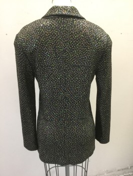 ST.JOHN, Black, Metallic, Gold, Lime Green, Fuchsia Pink, Wool, Rhinestones, Dots, Speckled, Evening Suit, Knit with Metallic Threads, Gold Studs and Lime/Fuchsia Rhinestones, 1 Button, Notched Lapel, Attached Modesty Panel, Padded Shoulders