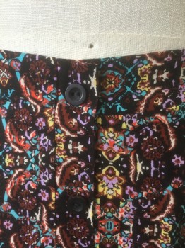 Womens, Skirt, Mini, LUSH, Black, Multi-color, Lavender Purple, Turquoise Blue, Brown, Rayon, Abstract , S, Black with Multicolor (Lavender/Turquoise/Yellow/Brown/White/Red) Busy Pattern, 1" Wide Self Waistband, Elastic Waist in Back, Black Buttons Down Center Front, Flared Shape