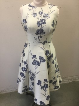 Womens, Cocktail Dress, N/L, Bone White, Royal Blue, Silver, Polyester, Floral, W:28, B:34, Bone White with Royal Blue and Silver Floral Brocade, Crinkly Texture, Sleeveless, Wide Round Neck,  2-4" Wide Curved Yoke at Waist Curving Up Under Bust, Flared Skirt, Knee Length, Invisible Zipper at Center Back,