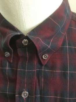 VINCE, Maroon Red, Navy Blue, Dk Orange, Cotton, Rayon, Plaid-  Windowpane, Flannel, Long Sleeve Button Front, Collar Attached, Button Down Collar, 1 Patch Pocket