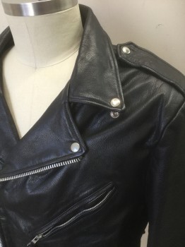 Mens, Leather Jacket, WILSON'S, Black, Leather, Solid, XL, Motorcycle Jacket, Zip Front, Silver Zippers/Studs, 3 Zip Pockets + 1 Flap Pocket with Silver Snap Closure, Epaulettes at Shoulders, Notched Collar with Silver Stud at Each Tip, Leather Laces at Sides, Self Belt with Silver Buckle Attached at Waist