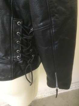 Mens, Leather Jacket, WILSON'S, Black, Leather, Solid, XL, Motorcycle Jacket, Zip Front, Silver Zippers/Studs, 3 Zip Pockets + 1 Flap Pocket with Silver Snap Closure, Epaulettes at Shoulders, Notched Collar with Silver Stud at Each Tip, Leather Laces at Sides, Self Belt with Silver Buckle Attached at Waist