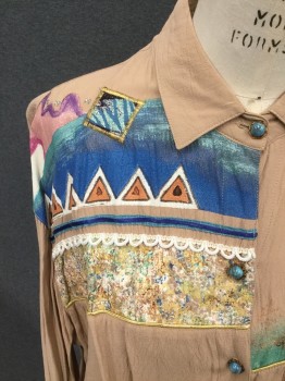 KK DESIGNS, Taupe, Turquoise Blue, Brown, Gold, Purple, Rayon, Paint Splatter, Solid Taupe, Hand Painted, Southwest Theme, Turquoise/Gold Buttons, Button Front, Collar Attached, Gold Embroidery, Triangular Wooden Details, Turquoise Beads, Long Sleeves, Button Cuffs