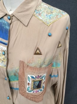 KK DESIGNS, Taupe, Turquoise Blue, Brown, Gold, Purple, Rayon, Paint Splatter, Solid Taupe, Hand Painted, Southwest Theme, Turquoise/Gold Buttons, Button Front, Collar Attached, Gold Embroidery, Triangular Wooden Details, Turquoise Beads, Long Sleeves, Button Cuffs