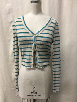 Womens, Sweater, URBAN OUTFITTERS, Khaki Brown, Turquoise Blue, Dk Green, Cotton, Elastane, Stripes, B32, S, Ribbed Knit Cardigan, Button Front, V. Neck, Long Sleeves, Cropped