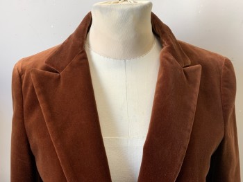 Womens, Blazer, THEORY, Brown, Cotton, Lycra, Solid, 6, Single Breasted, 2 Buttons, Velveteen, 2 Pockets, Peaked Lapel,