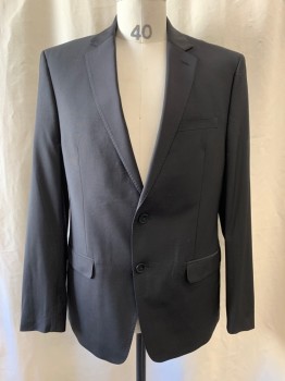 CALVIN KLEIN, Black, Wool, Elastane, Solid, Notched Lapel, Single Breasted, Button Front, 2 Buttons, 2 Pockets