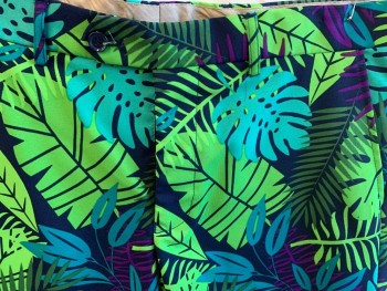 Mens, Suit, Pants, OPPO SUITS, Multi-color, Navy Blue, Lime Green, Turquoise Blue, Purple, Polyester, Tropical , W 36, Bright Tropical Pattern - Navy with Lime, Turquoise, Purple, Aqua, Green Tropical Palm Fronds, Shorts, Zip Fly, Button Tab Closure, 4 Pockets, Belt Loops