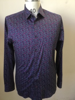 TED BAKER, Navy Blue, Fuchsia Pink, White, Cotton, Floral, Collar Attached, Button Front, Long Sleeves,