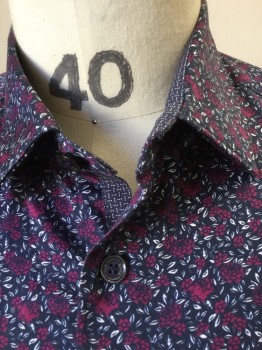 Mens, Casual Shirt, TED BAKER, Navy Blue, Fuchsia Pink, White, Cotton, Floral, SM, Collar Attached, Button Front, Long Sleeves,