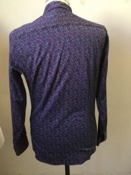Mens, Casual Shirt, TED BAKER, Navy Blue, Fuchsia Pink, White, Cotton, Floral, SM, Collar Attached, Button Front, Long Sleeves,
