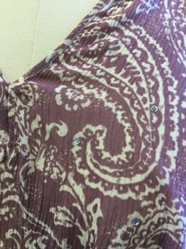 NL, Mauve Purple, White, Polyester, Paisley/Swirls, V-neck, Flared Long Sleeves with Ties, Rouched at Bust, Sequins, Pintuck Detail on Back