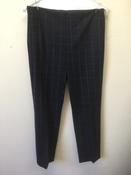 ANN TAYLOR PETITE, Navy Blue, White, Polyester, Rayon, Grid , Navy with White Dotted Grid Lines, High Waist, Tapered Leg, Invisible Zipper at Side Seam, 2 Back Pockets