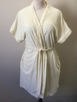 Womens, SPA Robe, CAROLE HOCHMAN, Butter Yellow, Cotton, Polyester, Solid, M, Terry Cloth, Short Sleeves, Open at Center Front, Self Ruched Trim at Front Opening and Sleeves, Above Knee Length, **With Matching Fabric Belt