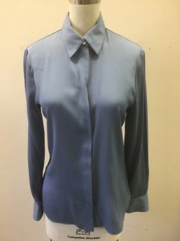 THEORY, Slate Blue, Silk, Elastane, Solid, L/S, B.F., Covered Button Placket, C.A.,