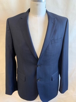 BOSS, Navy Blue, Viscose, Dots, Jacket: Hand Stitches on Notched Lapel, Front Placket Trim and Pocket Trim,  Single Breasted, 2 Button Front, Navy Diamond Lining, 3 Pockets, Long Sleeves,  2 Split Back Hem, with Matching Pants