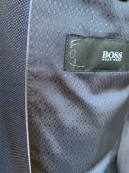 BOSS, Navy Blue, Viscose, Dots, Jacket: Hand Stitches on Notched Lapel, Front Placket Trim and Pocket Trim,  Single Breasted, 2 Button Front, Navy Diamond Lining, 3 Pockets, Long Sleeves,  2 Split Back Hem, with Matching Pants