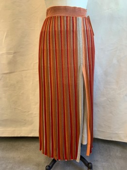 Womens, Skirt, Long, ZARA, Red, Brown, Orange, Gold, Viscose, Polyester, Stripes - Vertical , L, Knit, Front Left Split