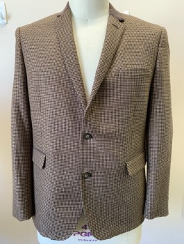 BAR III, Caramel Brown, Camel Brown, Black, Polyester, Rayon, Houndstooth, Corduroy Collar, Single Breasted, Notched Lapel, 2 Buttons, 3 Pockets, 2 Vent