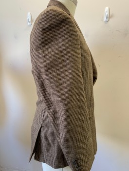 BAR III, Caramel Brown, Camel Brown, Black, Polyester, Rayon, Houndstooth, Corduroy Collar, Single Breasted, Notched Lapel, 2 Buttons, 3 Pockets, 2 Vent