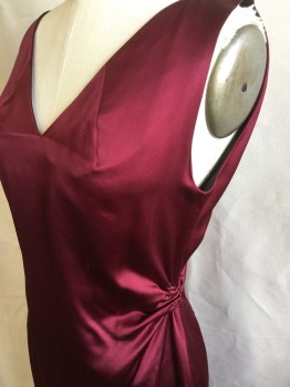 Womens, Evening Gown, N/L, Maroon Red, Purple, Black, Silk, Solid, Color Blocking, W:28, B:36, Maroon with Black Lining, V-neck, Sleeveless, Gathered at Waist Side, Deep V-back with 8 Purple Cover Buttons , 3 Chevron Pleat Waist Back and Insert Triangle Purple Long Skirt