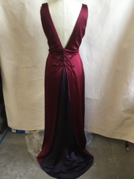 Womens, Evening Gown, N/L, Maroon Red, Purple, Black, Silk, Solid, Color Blocking, W:28, B:36, Maroon with Black Lining, V-neck, Sleeveless, Gathered at Waist Side, Deep V-back with 8 Purple Cover Buttons , 3 Chevron Pleat Waist Back and Insert Triangle Purple Long Skirt