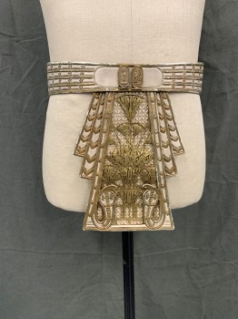 Unisex, Historical Fiction Belt, MTO, Cream, Gold, Plastic, Metallic/Metal, Floral, W 34, Egyptian, Cream/Gold  Plastic Faux Leather Chevron Embossed with Snakes,  Intricate Gold Metal Floral Attached on Center Front Panel, 2 Toggle/Loop Closure Back