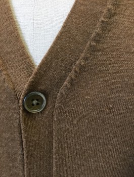 Mens, Sweater Vest, BROOKS BROTHERS, Caramel Brown, Wool, Solid, L, Knit, 5 Button Front, V-neck, 2 Patch Pockets