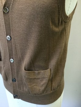 Mens, Sweater Vest, BROOKS BROTHERS, Caramel Brown, Wool, Solid, L, Knit, 5 Button Front, V-neck, 2 Patch Pockets