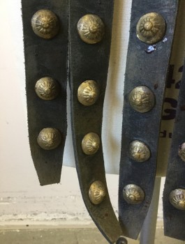 Unisex, Historical Fiction Belt, N/L MTO, Faded Black, Bronze Metallic, Leather, Metallic/Metal, Solid, W35-40, Aged Leather 1" Wide Belt with 6 Hanging Tabs in Front with Bronze Ornate Studs, Has a Double, Made To Order Greek Roman Trojan Warrior Reproduction