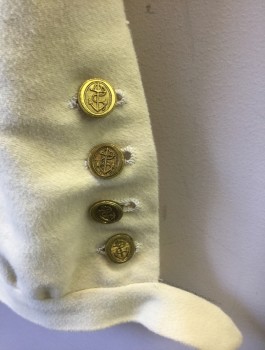 Mens, Historical Fiction Pants, N/L, Cream, Cotton, Solid, W:38, Military Uniform Breeches, Brushed Twill, Fall Front, Knee Length, Gold Buttons at Leg Opening, Lacings/Ties and Invisible Zipper at Center Back Waist, Made To Order Reproduction Late 1700's Early 1800's