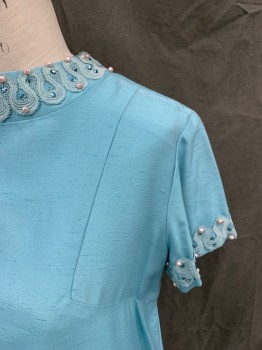 S O'GRADY, Turquoise Blue, Silk, Solid, Shantung Silk, A-line Shift Dress, Band Collar, Short Sleeves, Zip Back, Loopy Lace Trim with Rhinestones and Pearl Detail, *Shoulder Burn*
