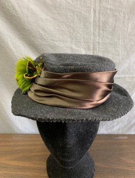 MTO, Charcoal Gray, Black, Moss Green, Wool, Polyester, Solid, Heavy Felt Boater with Pleated Black Poly Satin Band Faded to Brown, Moss Colored Feather and Velvet Leaf Decoration. Wired Brim,